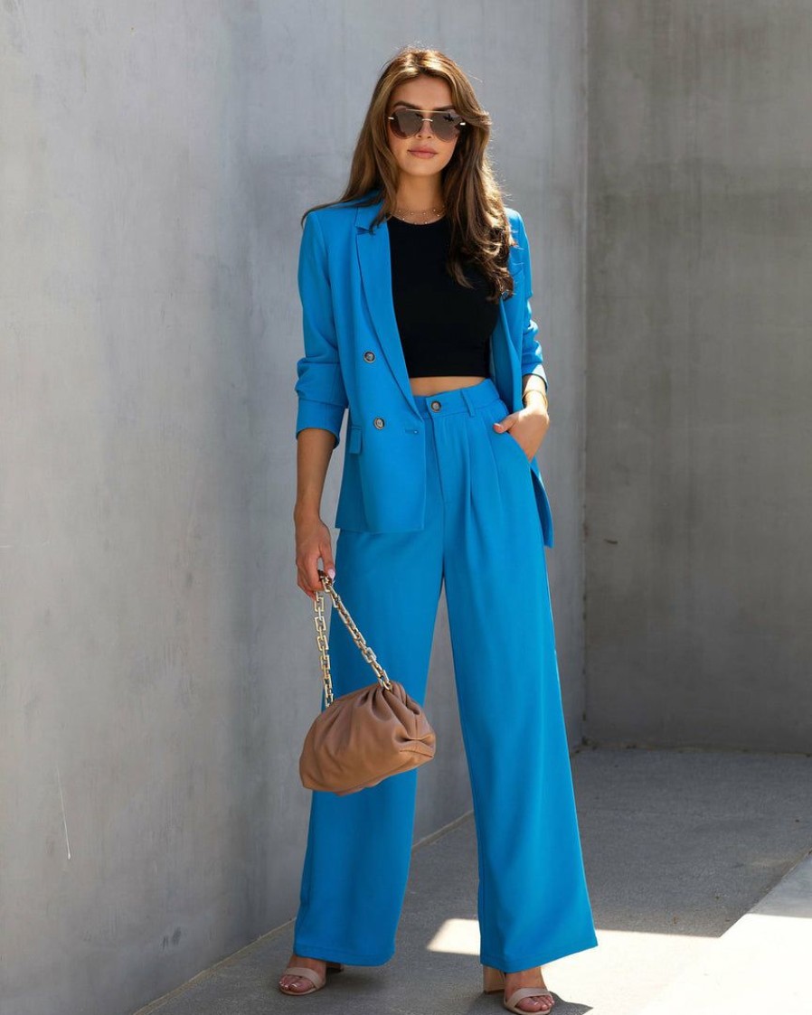 Clothing * | Aaa-001 Chic Matching Sets Long Shot Pocketed Wide Leg Pants Aqua Blue