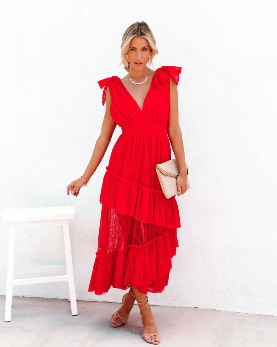 Clothing * | Aeom-001 Preorder Carrie In Paris Tiered Tulle Midi Dress Red Guest Of Wedding