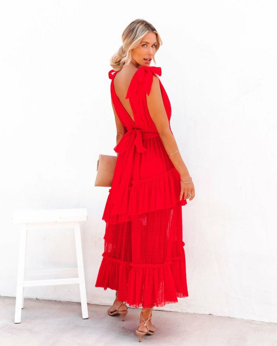 Clothing * | Aeom-001 Preorder Carrie In Paris Tiered Tulle Midi Dress Red Guest Of Wedding