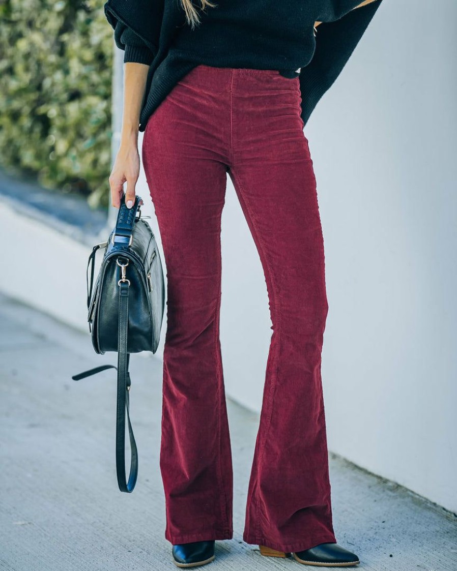 Clothing * | Newb-001 Sophie High Rise Bell Bottom Corduroy Pants Burgundy Bottoms