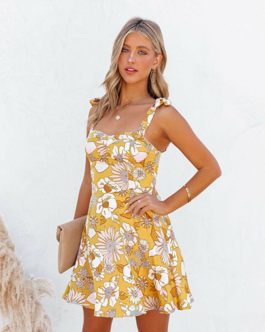 Clothing * | On T-001 Ahlani Satin Floral Tie Strap Mini Dress Yellow Final Sale