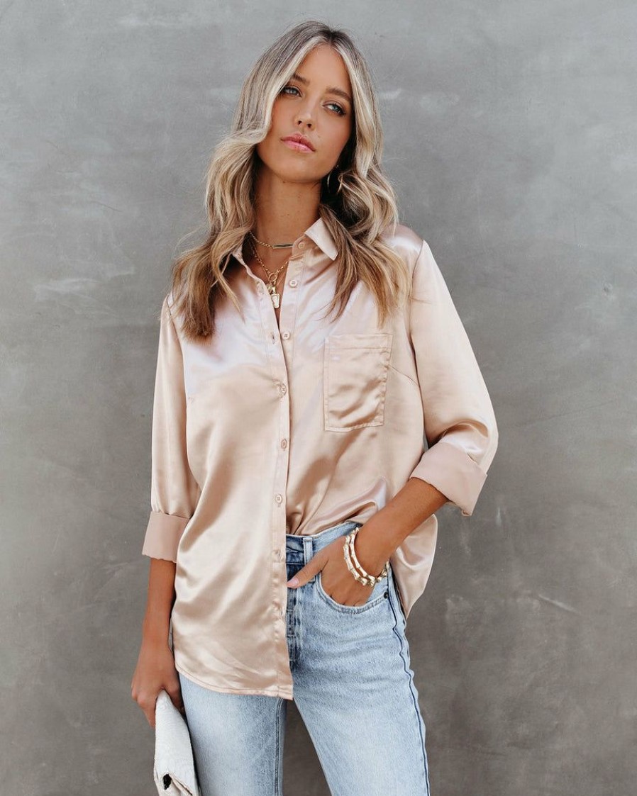 Clothing * | Aeom-001 Tops Impulse Satin Button Down Blouse Champagne