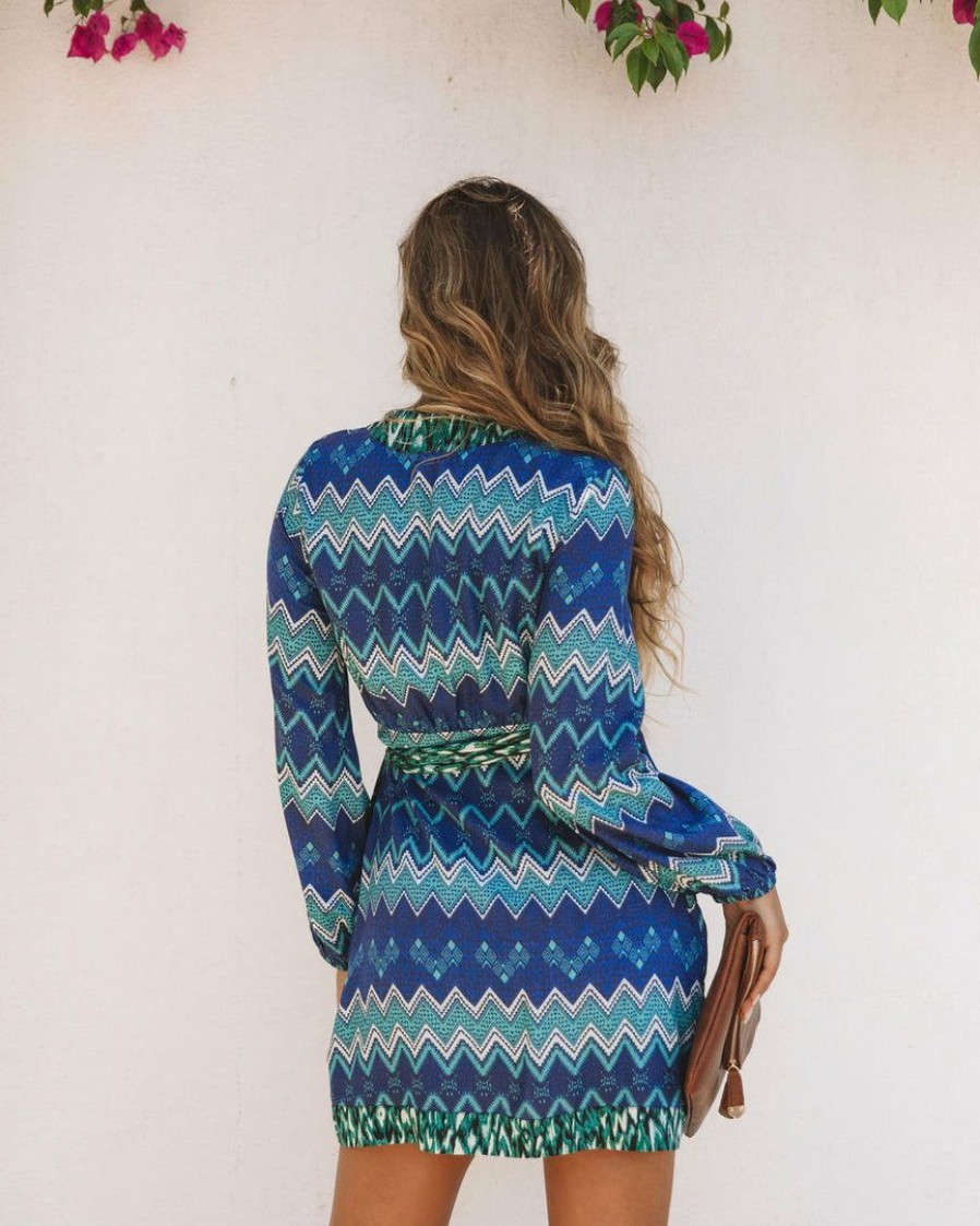 Clothing * | Dee-001 Take Me To Miami Sunset On The Sea Printed Wrap Dress Blue Multi Final Sale