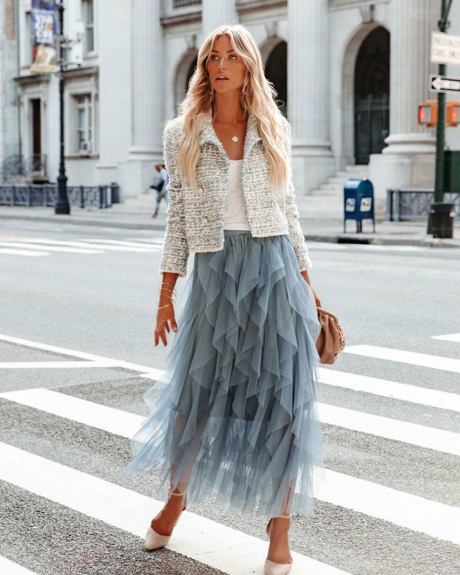 Clothing * | Stru-001 Allegro Ruffle Tulle Midi Skirt Grey Blue Sweet Summertime