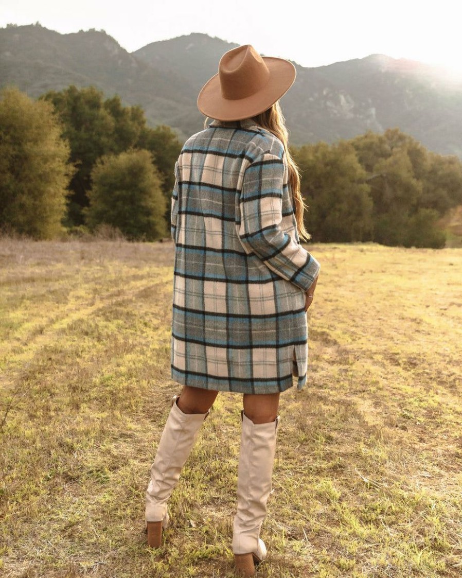 Clothing * | Lush-001 Igloo Pocketed Plaid Coat Blue Final Sale Coats & Jackets