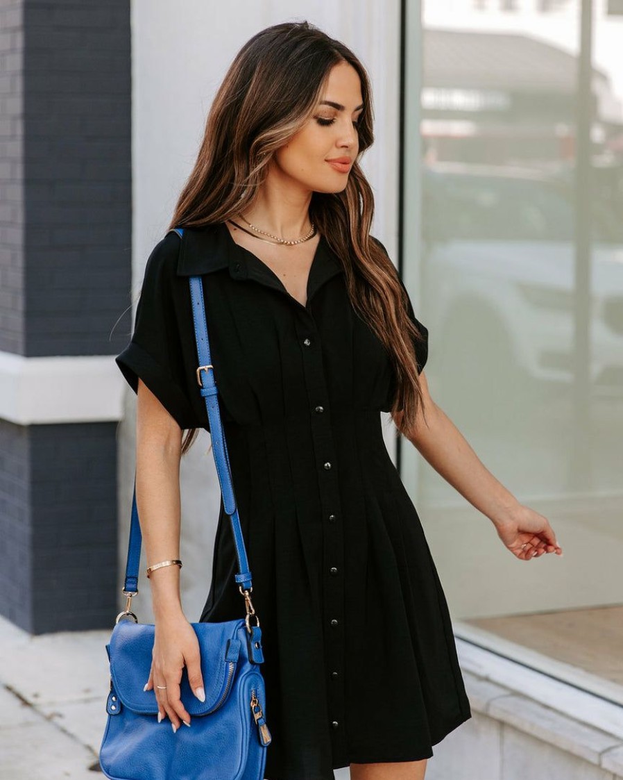 Clothing * | Entr-001 Ginnie Pintuck Button Down Shirt Dress Black Final Sale