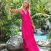 Clothing * | Enc-001 The Vacation Shop Jessa Metallic Detailed Ruffle Maxi Dress Hot Magenta Final Sale