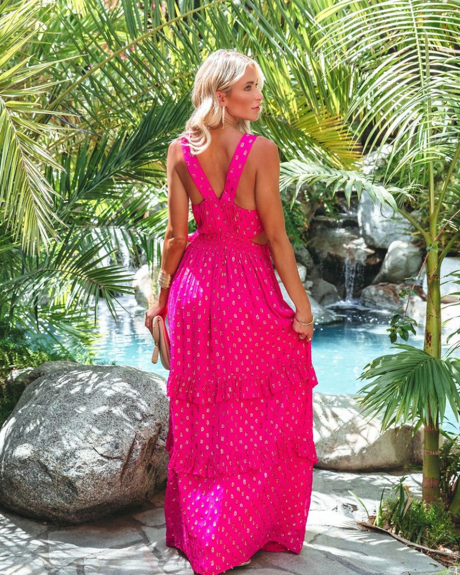 Clothing * | Enc-001 The Vacation Shop Jessa Metallic Detailed Ruffle Maxi Dress Hot Magenta Final Sale