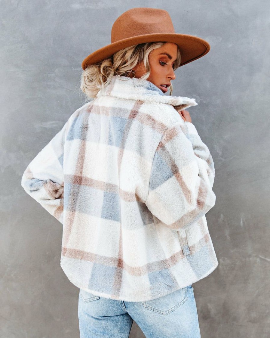 Clothing * | Acoa-001 Winter'S Tale Pocketed Plaid Faux Fur Jacket Coats & Jackets