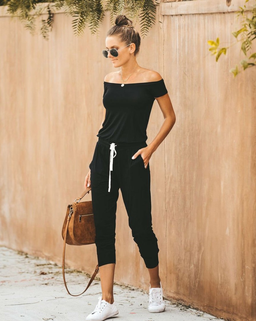 Clothing * | Oliv-001 Weekend Worthy Pocketed Drawstring Jumpsuit Black Loungewear