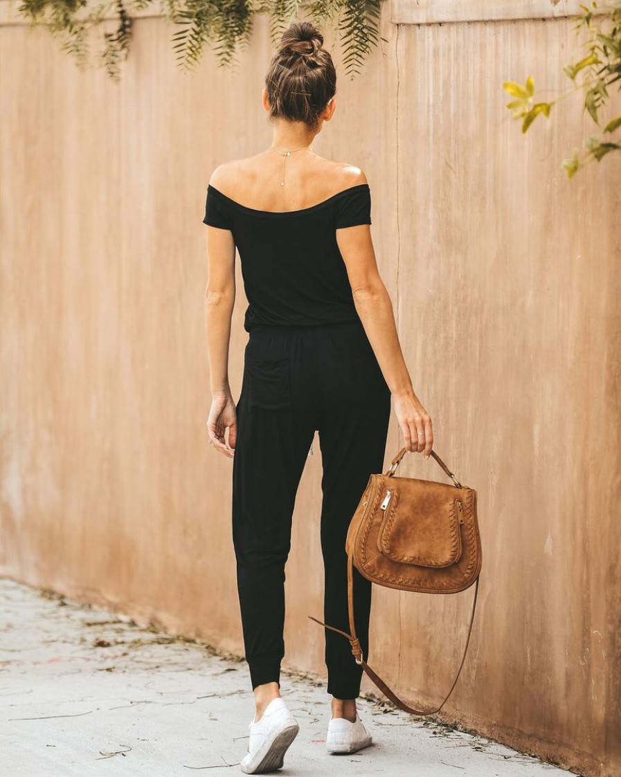 Clothing * | Oliv-001 Weekend Worthy Pocketed Drawstring Jumpsuit Black Loungewear