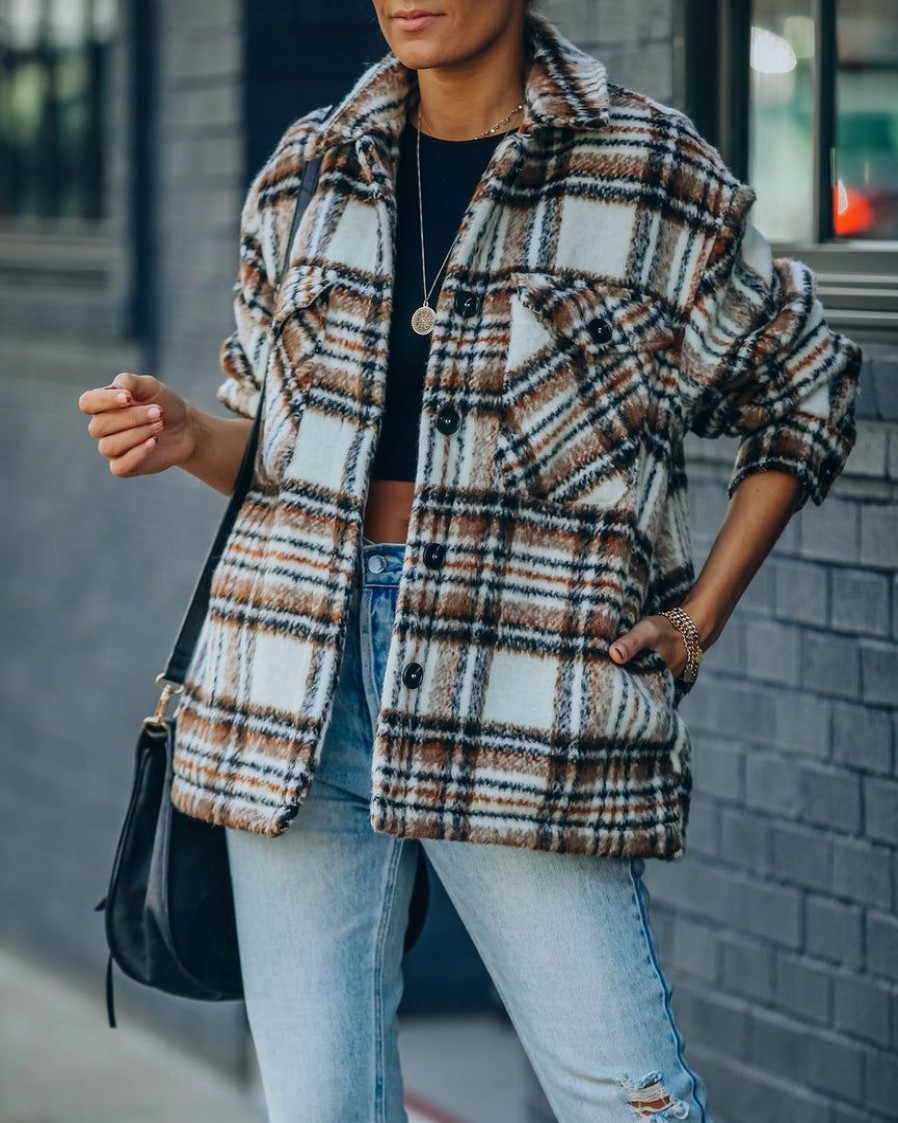 Clothing * | Lush-001 Woodwork Pocketed Sherpa Lined Plaid Shacket Flash Sale