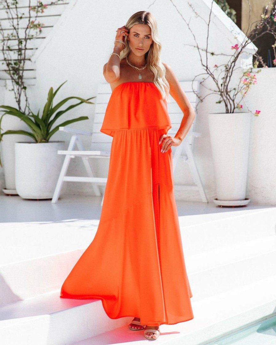 Clothing * | Tych-001 Vivid Strapless Slit Maxi Dress Bright Orange Final Sale The Vacation Shop