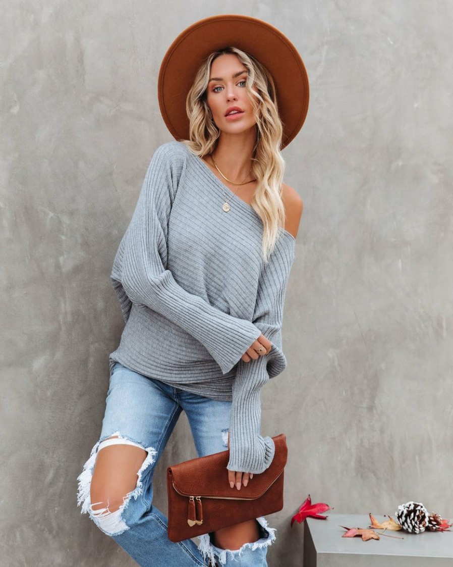 Clothing * | On T-001 This Time Around Ribbed Dolman Sweater Heather Grey