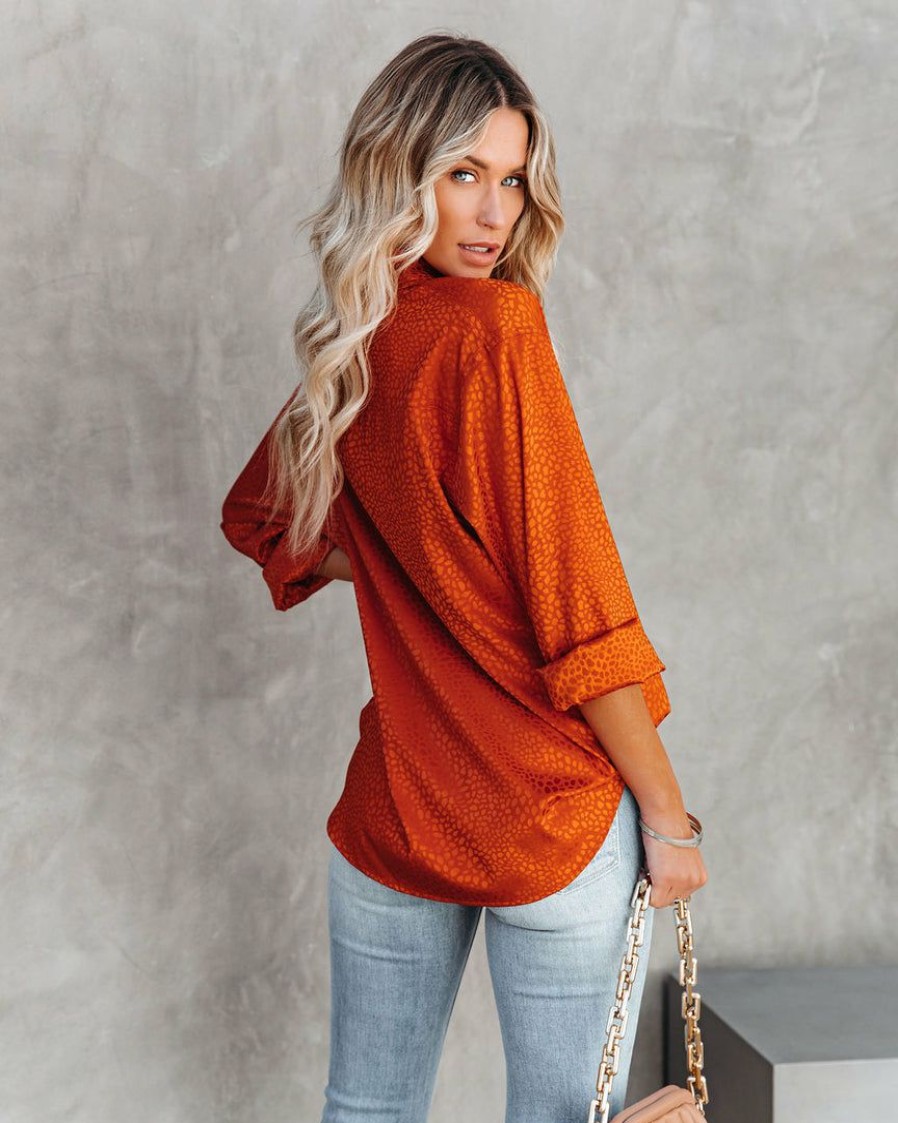 Clothing * | Dee-001 Tops Layton Satin Embossed Button Down Blouse Rust Flash Sale