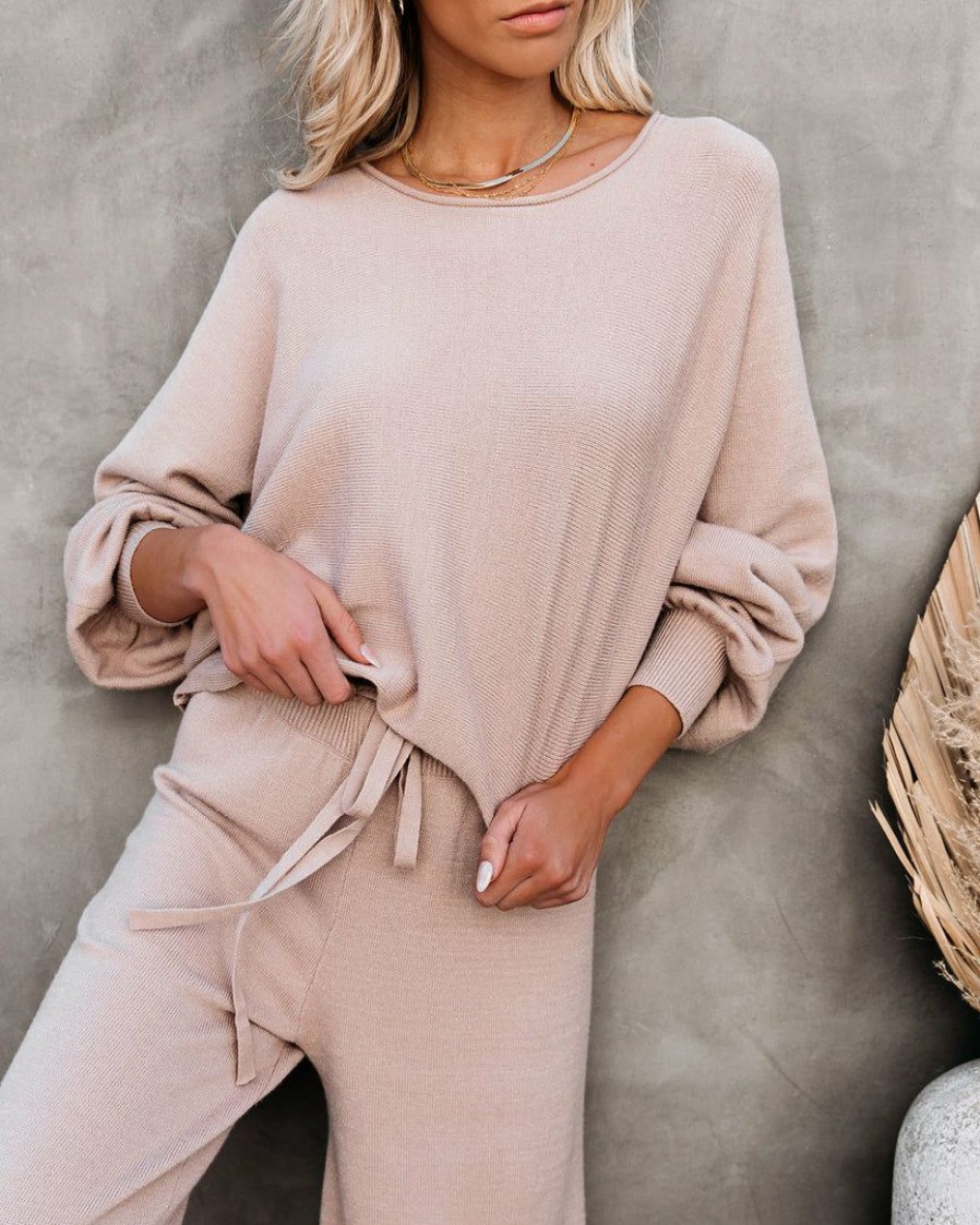 Clothing * | On T-001 Loungewear Rexa Billowed Sleeve Knit Top Tan