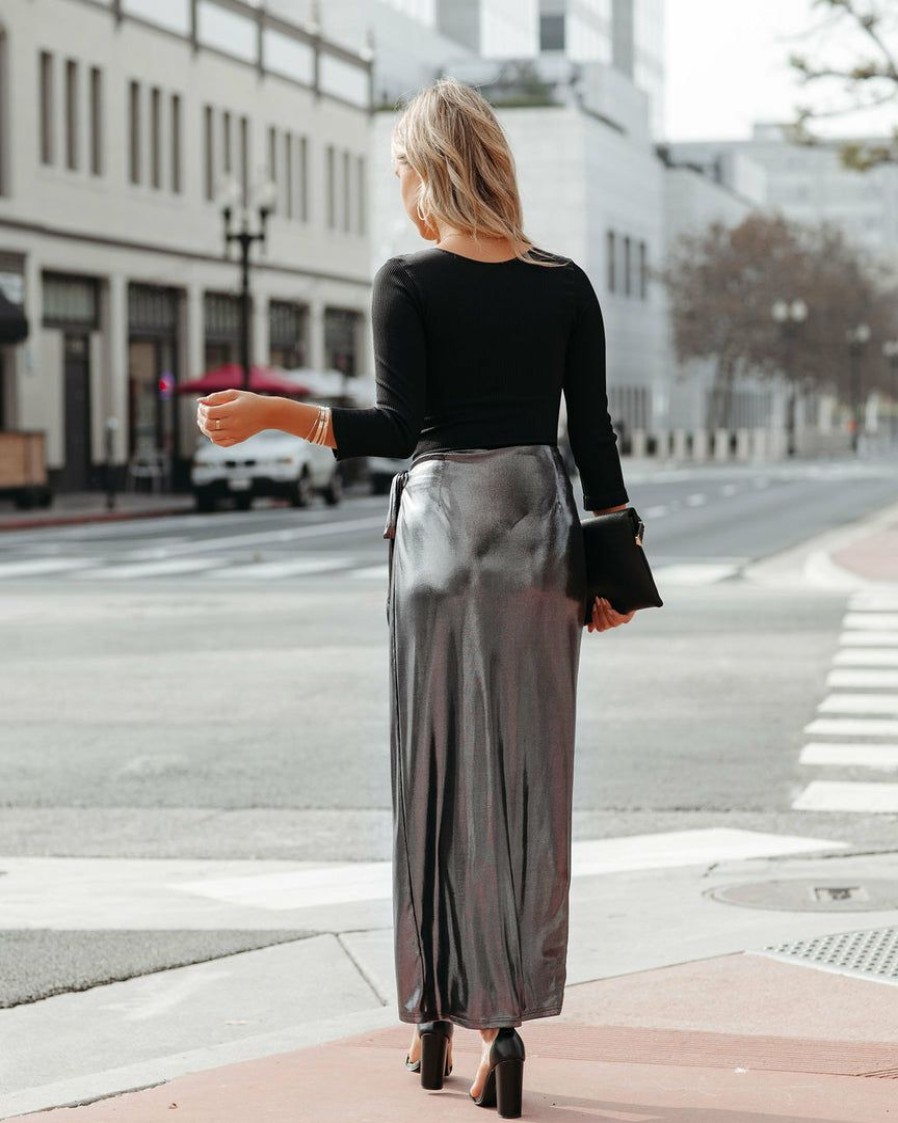 Clothing * | On T-001 Ginn Metallic Wrap Midi Skirt Gunmetal Final Sale