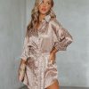 Clothing * | Miou-001 Vicky Satin Embossed Belted Shirt Dress Mocha