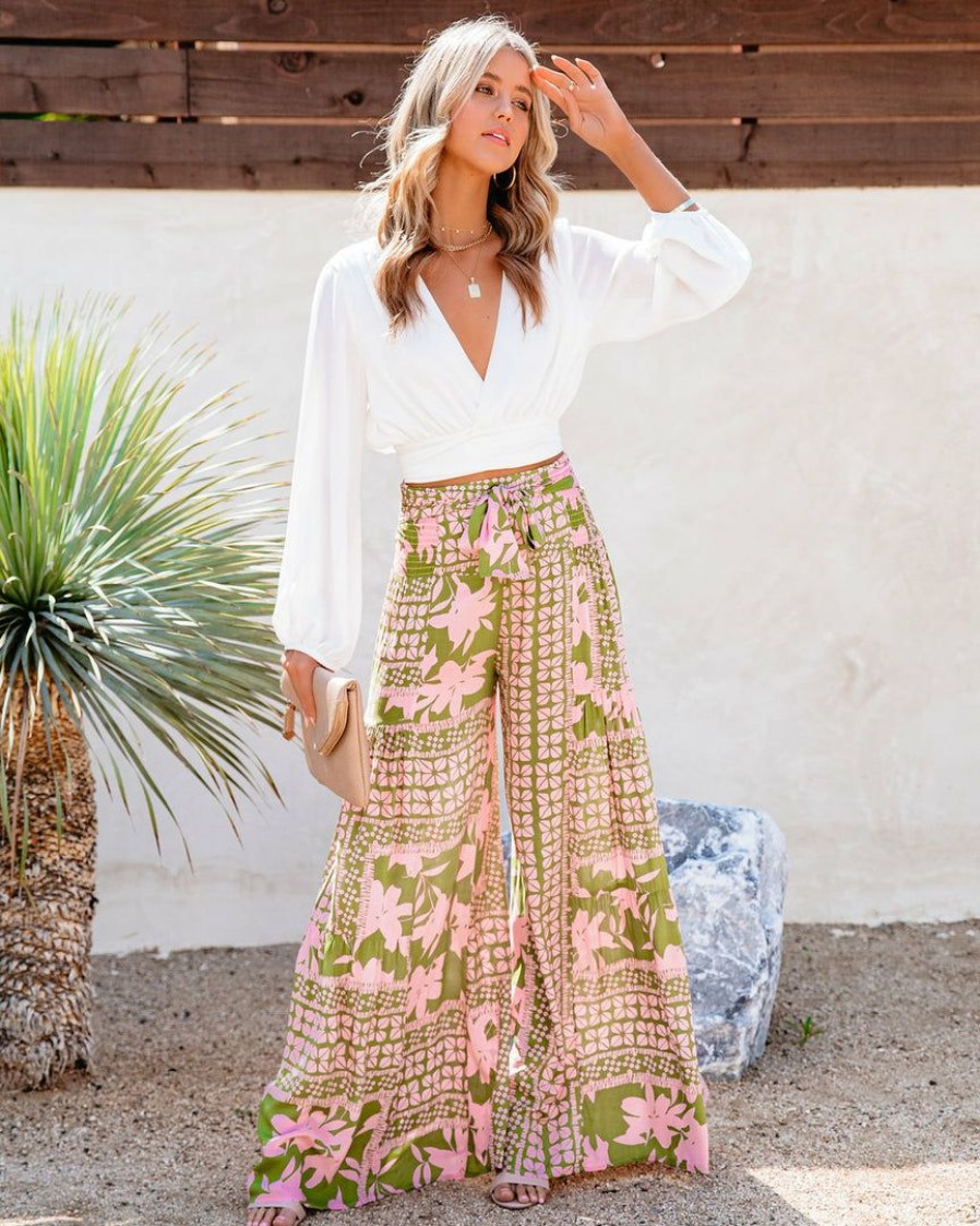 Clothing * | Oliv-001 A World To See Floral Tie Front Wide Leg Pants Bottoms