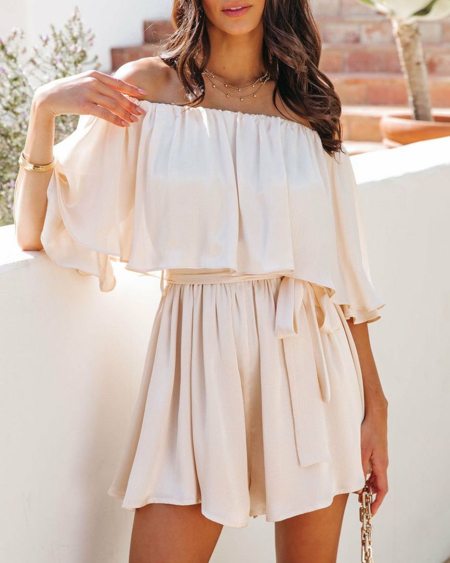 Clothing * | Blue-001 The Vacation Shop Sunset In Cabo Off The Shoulder Romper Cream Final Sale