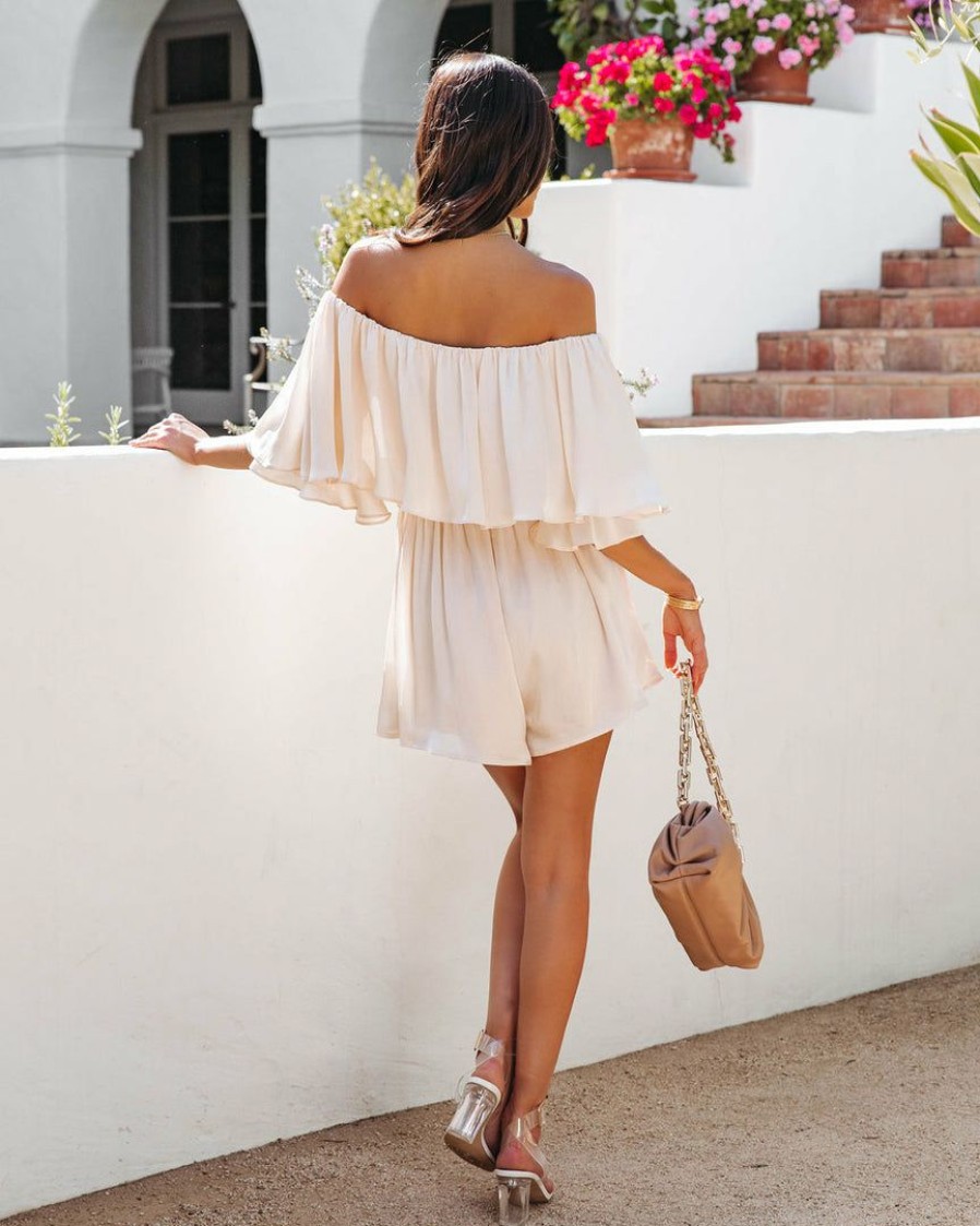 Clothing * | Blue-001 The Vacation Shop Sunset In Cabo Off The Shoulder Romper Cream Final Sale