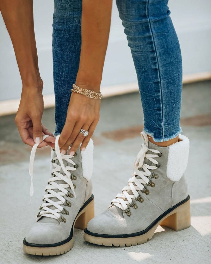 Shoes * | Mira-001 Conquest Heeled Shearling Lace Up Boot Light Grey Shoes