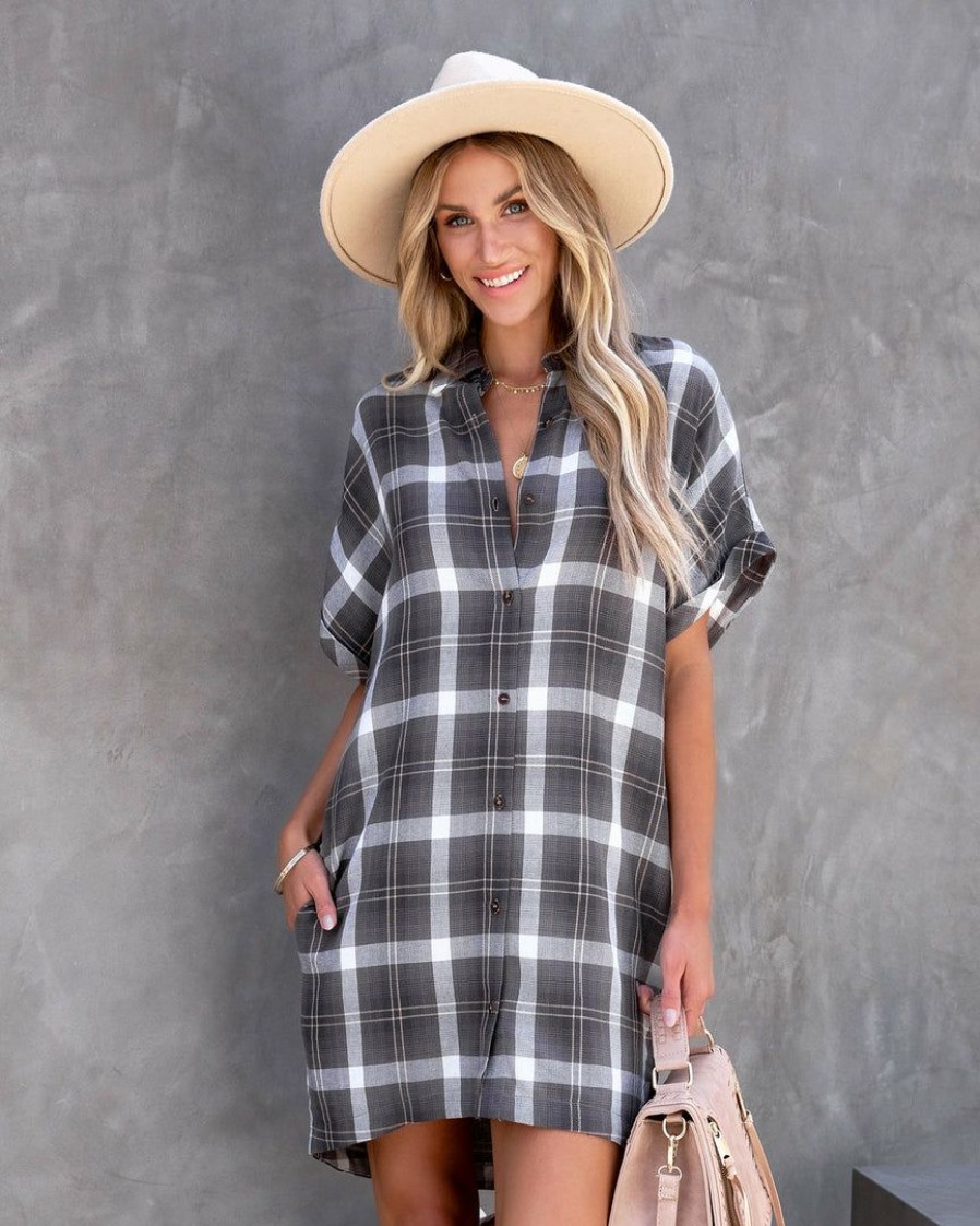 Clothing * | Dres-001 Harriet Plaid Pocketed Shirt Dress Dresses