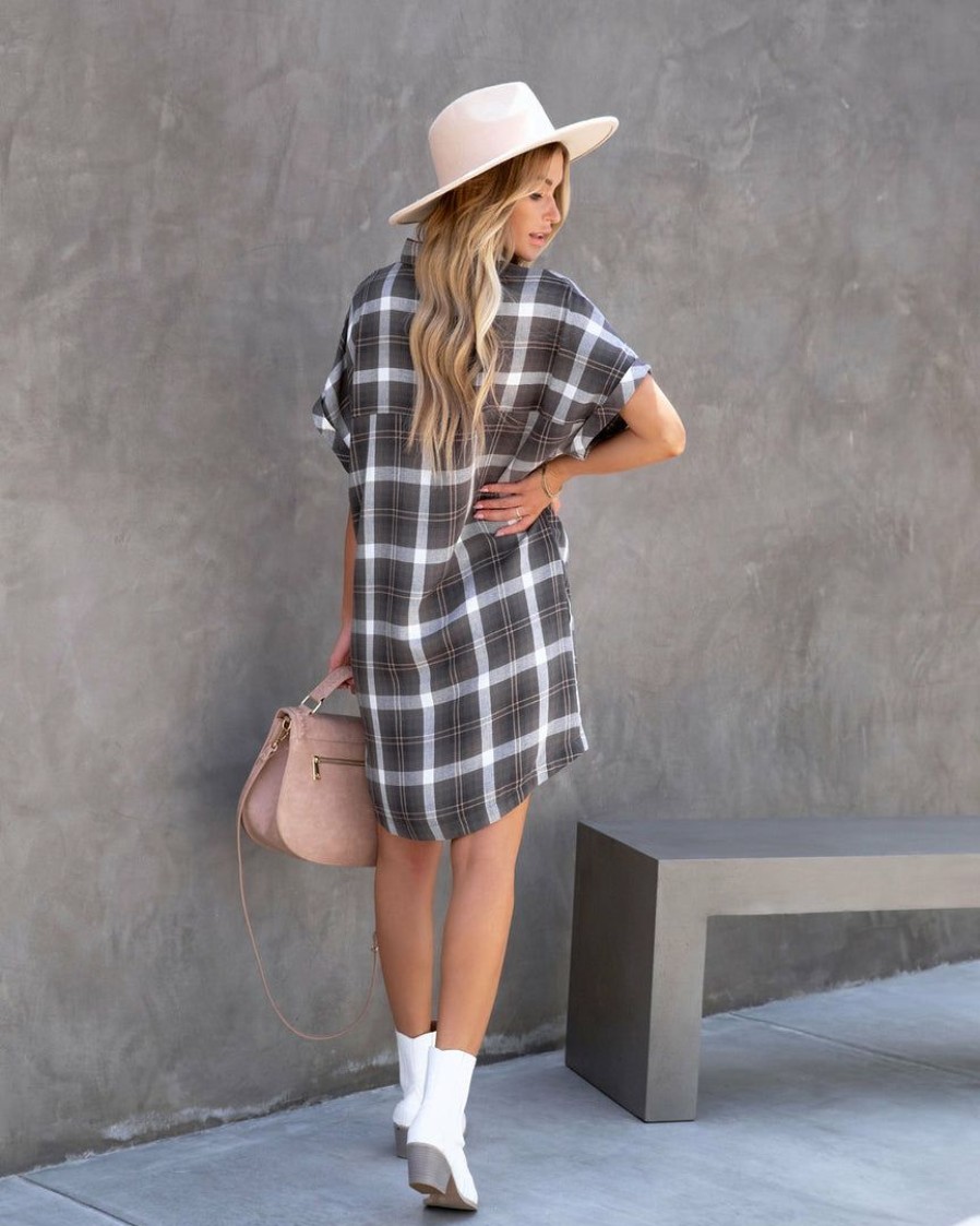 Clothing * | Dres-001 Harriet Plaid Pocketed Shirt Dress Dresses