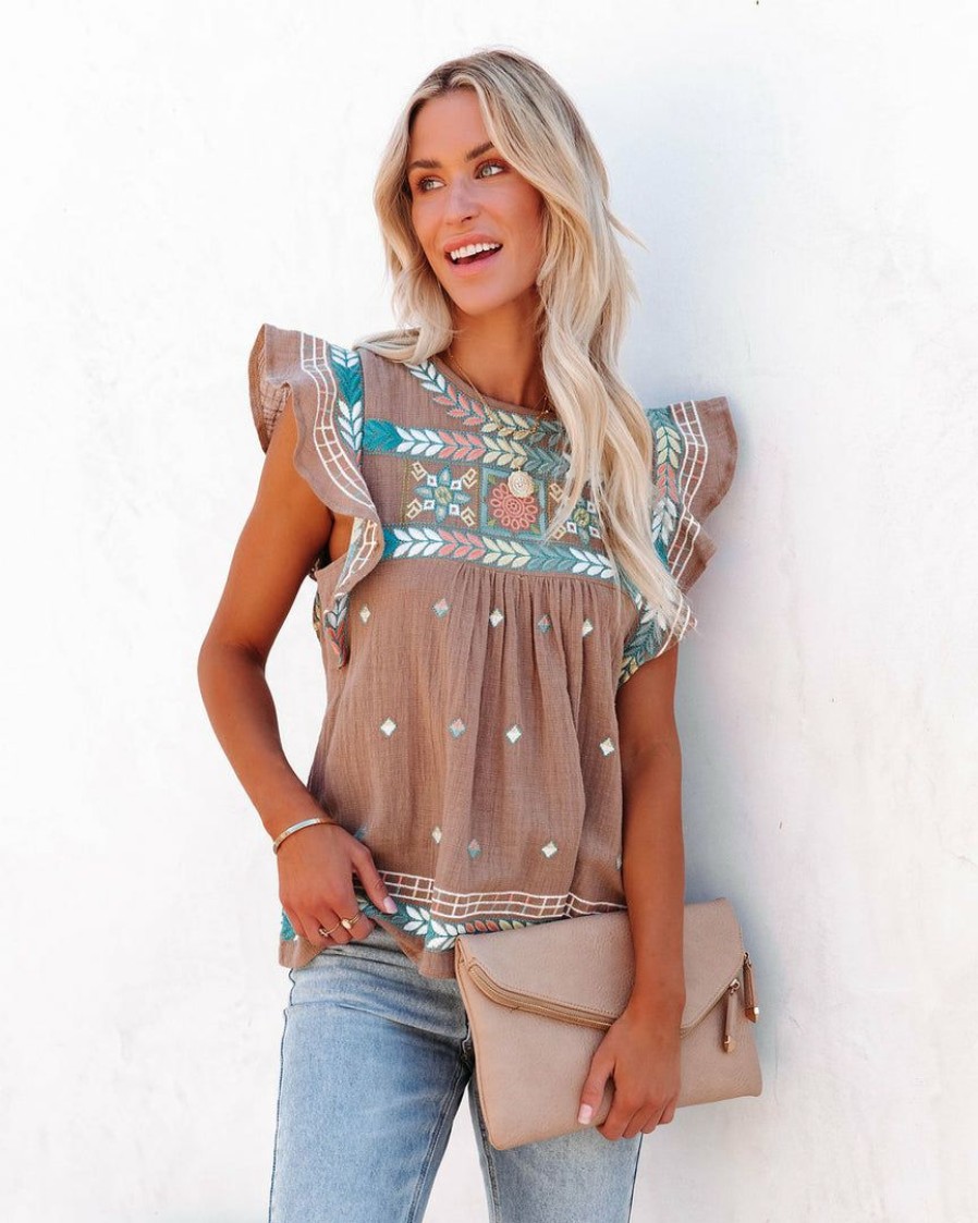 Clothing * | Enc-001 Tops Khadijah Cotton Embroidered Babydoll Top Taupe Mint