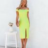 Clothing * | On T-001 Vividly Glowing Off The Shoulder Bodycon Midi Dress Lime Final Sale