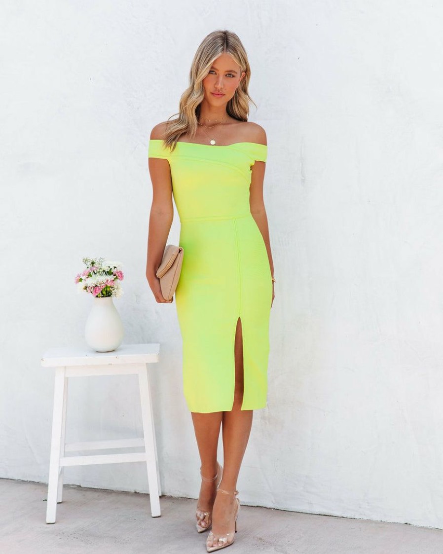 Clothing * | On T-001 Vividly Glowing Off The Shoulder Bodycon Midi Dress Lime Final Sale