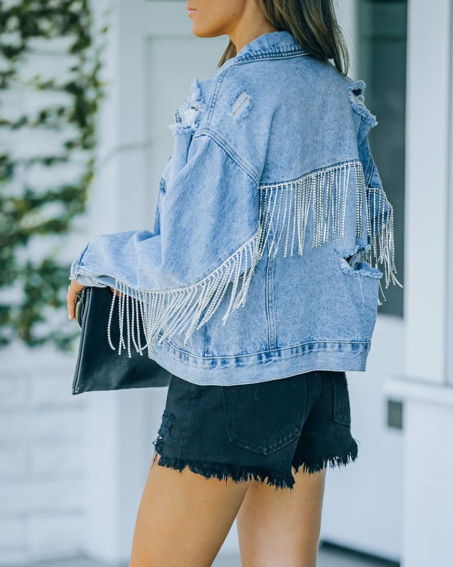 Clothing * | On T-001 Meza Rhinestone Fringe Crop Denim Jacket