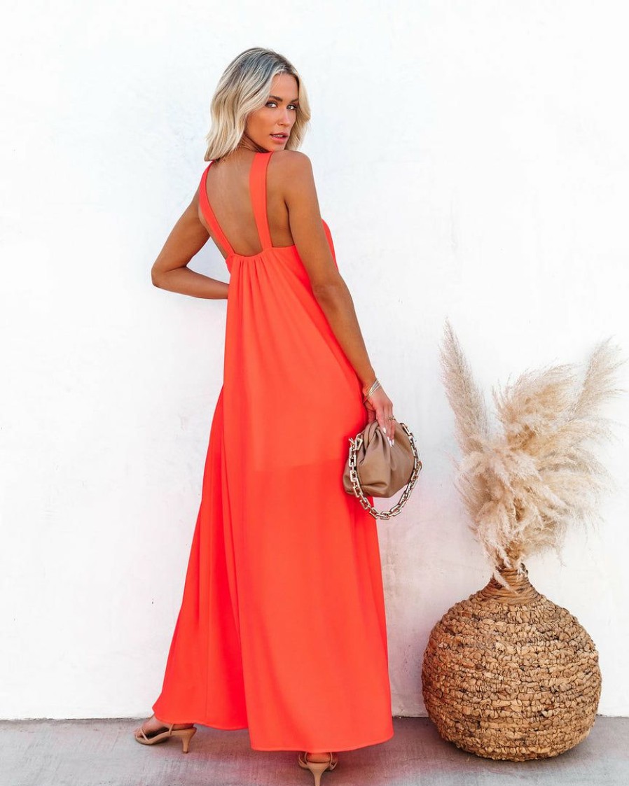 Clothing * | Tych-001 Guest Of Wedding At Twilight Slit Maxi Dress Bright Coral Final Sale