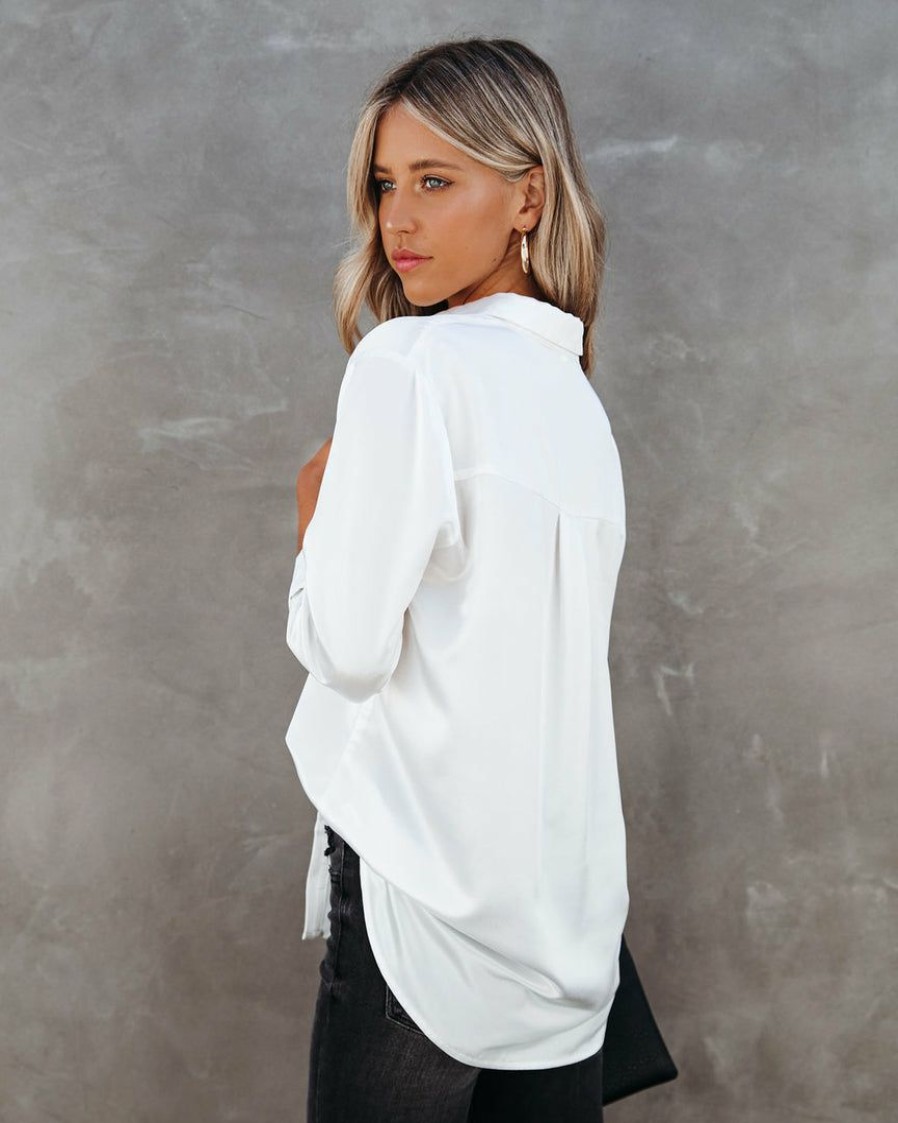 Clothing * | Aeom-001 Tops Impulse Satin Button Down Blouse White