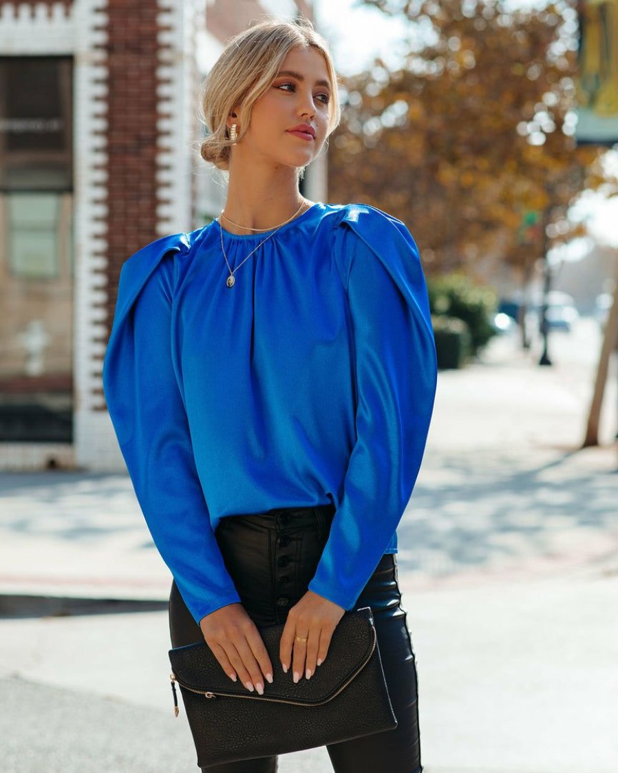 Clothing * | Aeom-001 Cierra Satin Puff Sleeve Blouse Royal Blue Flash Sale Take Me To Miami