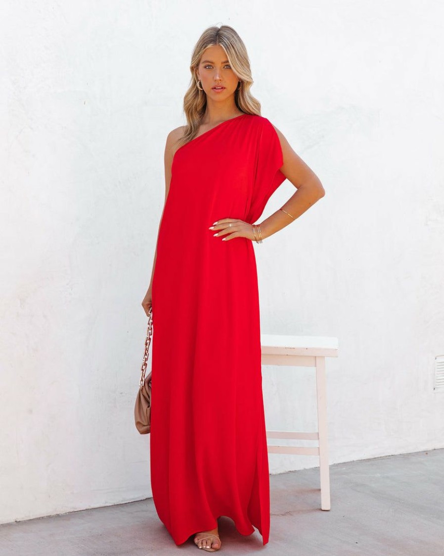 Clothing * | Tych-001 Strike A Pose One Shoulder Statement Maxi Dress Tomato Red Dresses