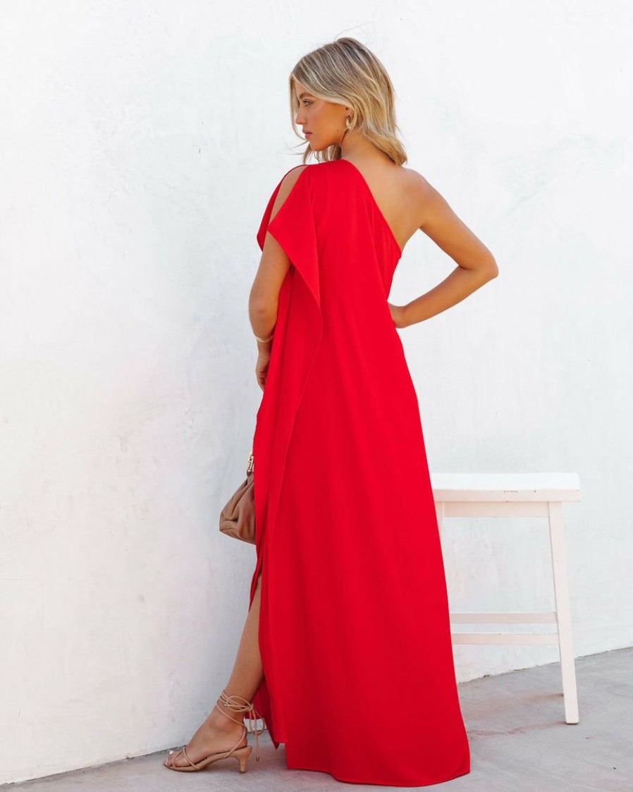 Clothing * | Tych-001 Strike A Pose One Shoulder Statement Maxi Dress Tomato Red Dresses