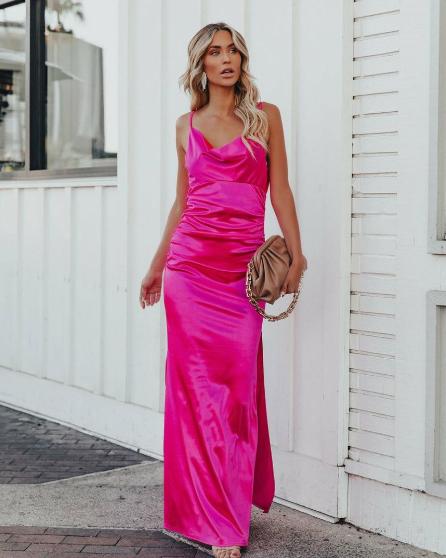 Clothing * | Aeom-001 Dresses Take Care Satin Cowl Neck Maxi Dress Fuchsia Final Sale