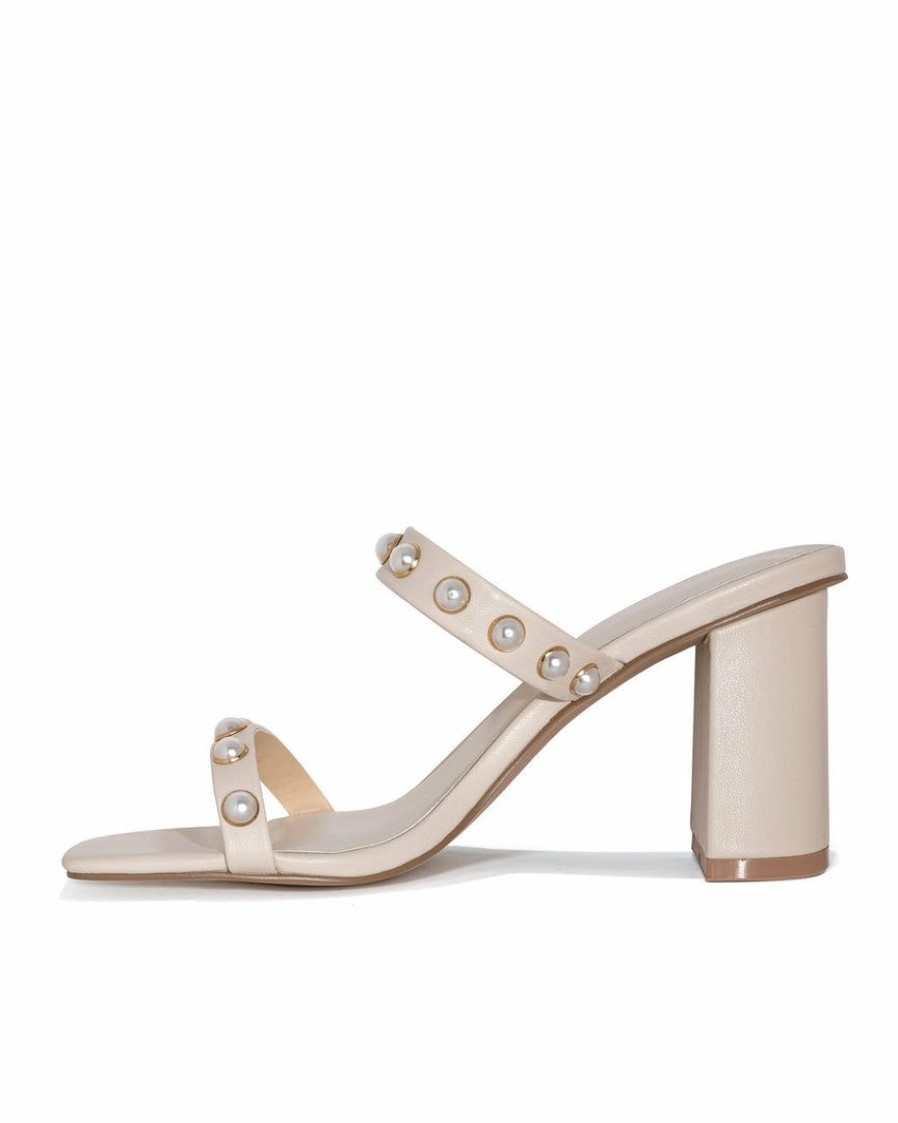 Shoes * | Free-002 Aimee Studded Block Heeled Sandal Beige Final Sale Bride To Be