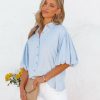 Clothing * | Aeom-001 Tops Gracyn Woven Puff Sleeve Button Down Top Blue Final Sale