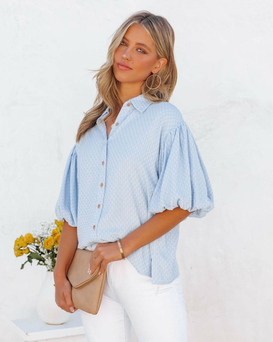 Clothing * | Aeom-001 Tops Gracyn Woven Puff Sleeve Button Down Top Blue Final Sale