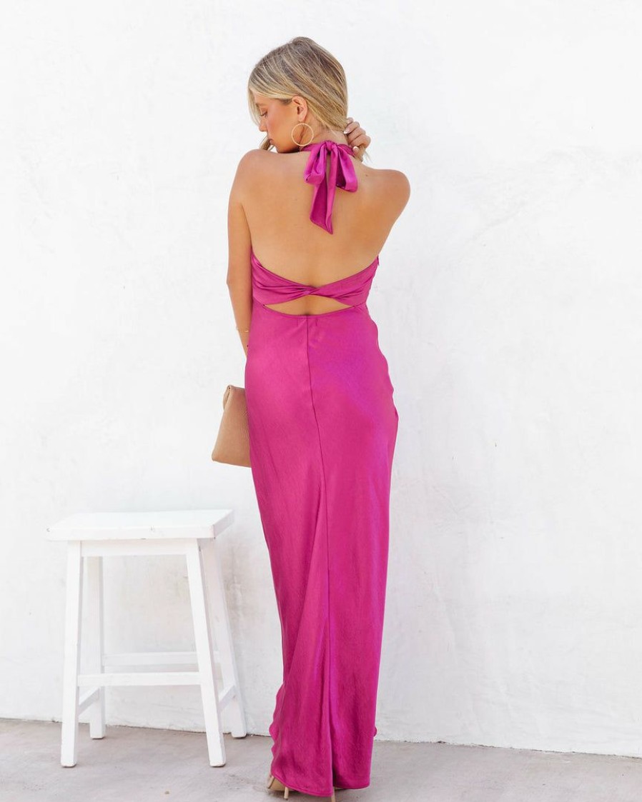 Clothing * | Olia-001 Mirabelle Halter Satin Maxi Dress Fuchsia