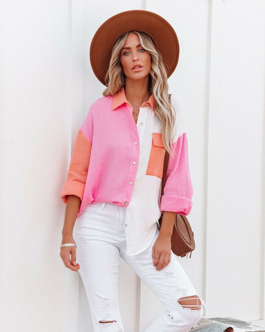 Clothing * | Entr-001 Dren Cotton Colorblock Button Down Top Pink Combo