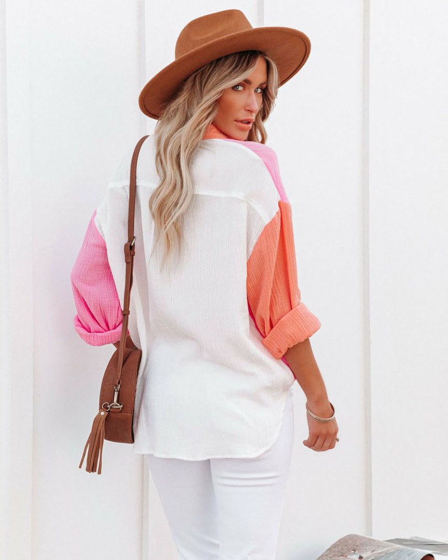 Clothing * | Entr-001 Dren Cotton Colorblock Button Down Top Pink Combo