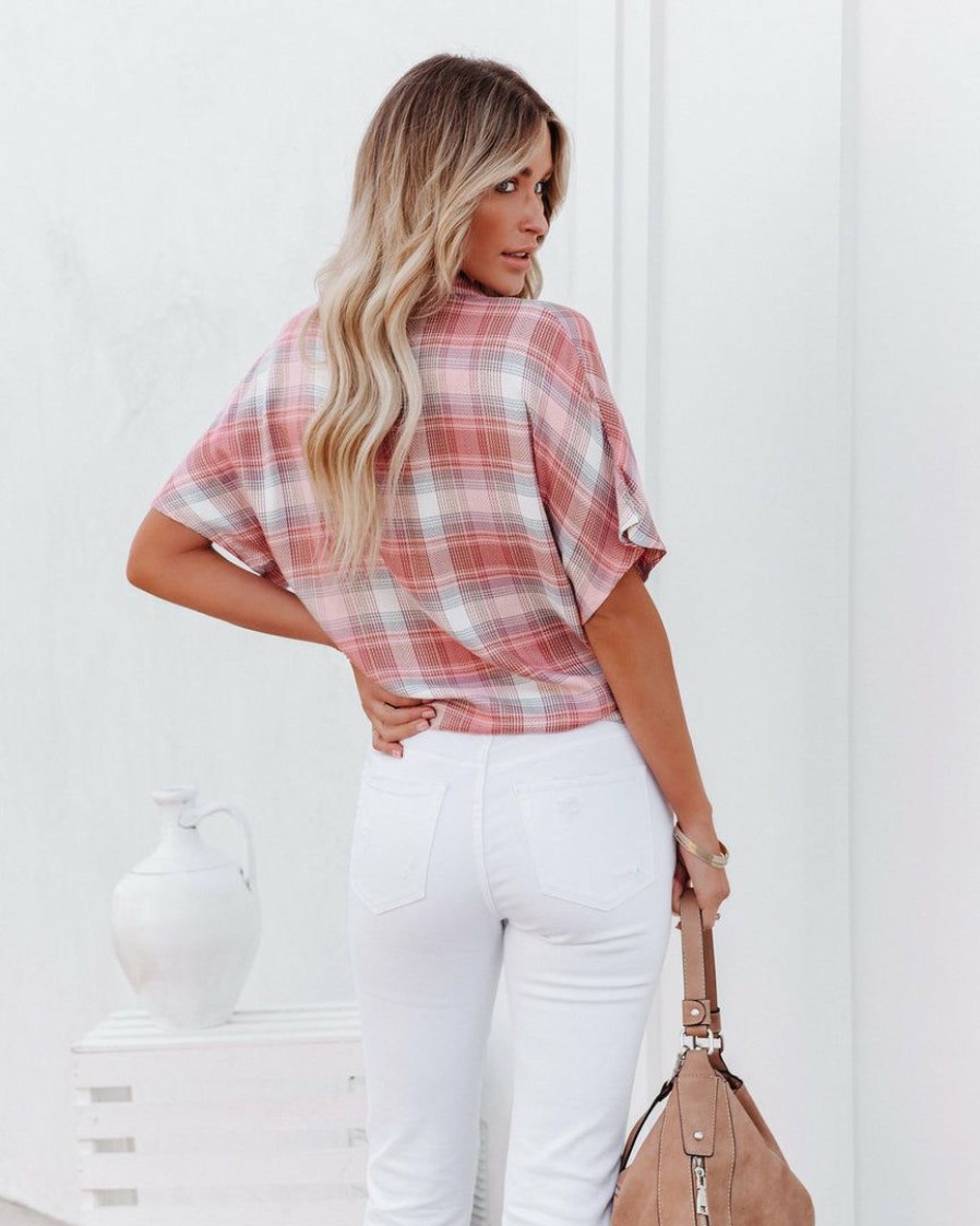 Clothing * | Enc-001 Tops Gaia Plaid Button Down Tie Top Blush Final Sale