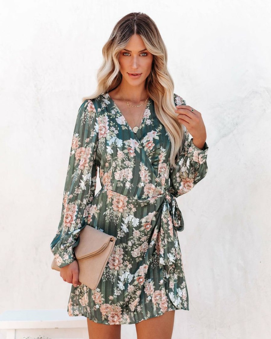 Clothing * | On T-001 Ezabella Floral Shimmer Wrap Dress Green Final Sale Photoshoot Ready