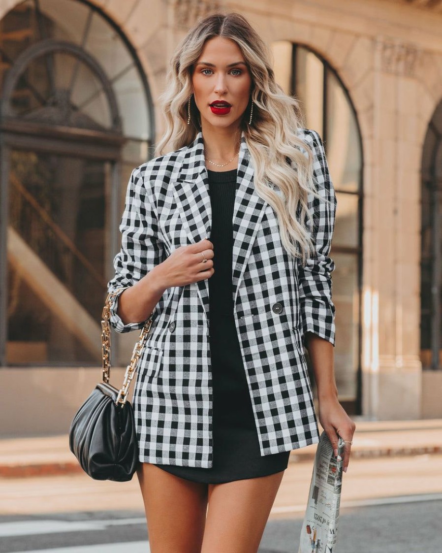 Clothing * | Entr-001 Rochelle Cotton Blend Pocketed Gingham Blazer Black Coats & Jackets