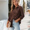 Clothing * | Oliv-001 Tops Jinnie Faux Suede Button Down Top Brown Flash Sale