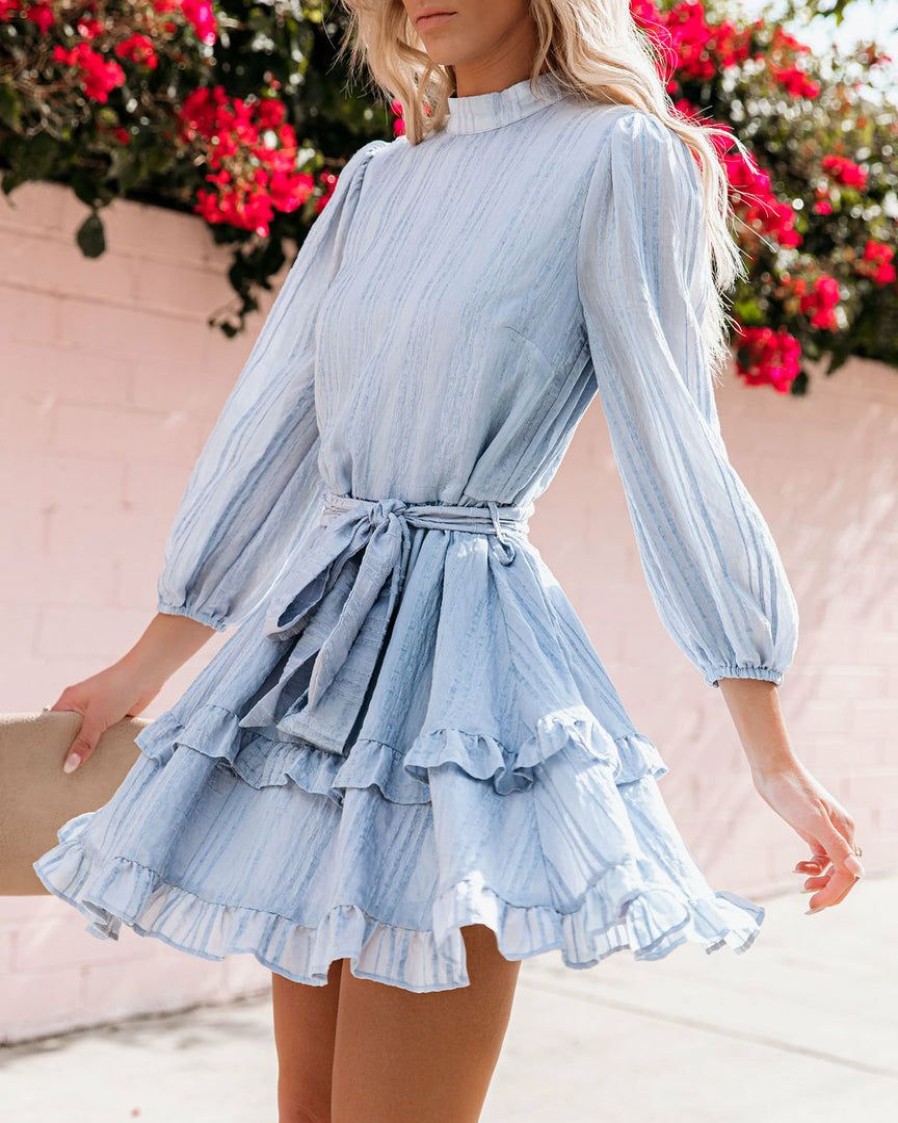 Clothing * | Aeom-001 Krueger Textured Ruffle Dress Powder Blue Final Sale Sweet Summertime