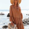 Clothing * | Elan-001 Barefoot On The Beach Pocketed Tiered Tunic Caramel Final Sale